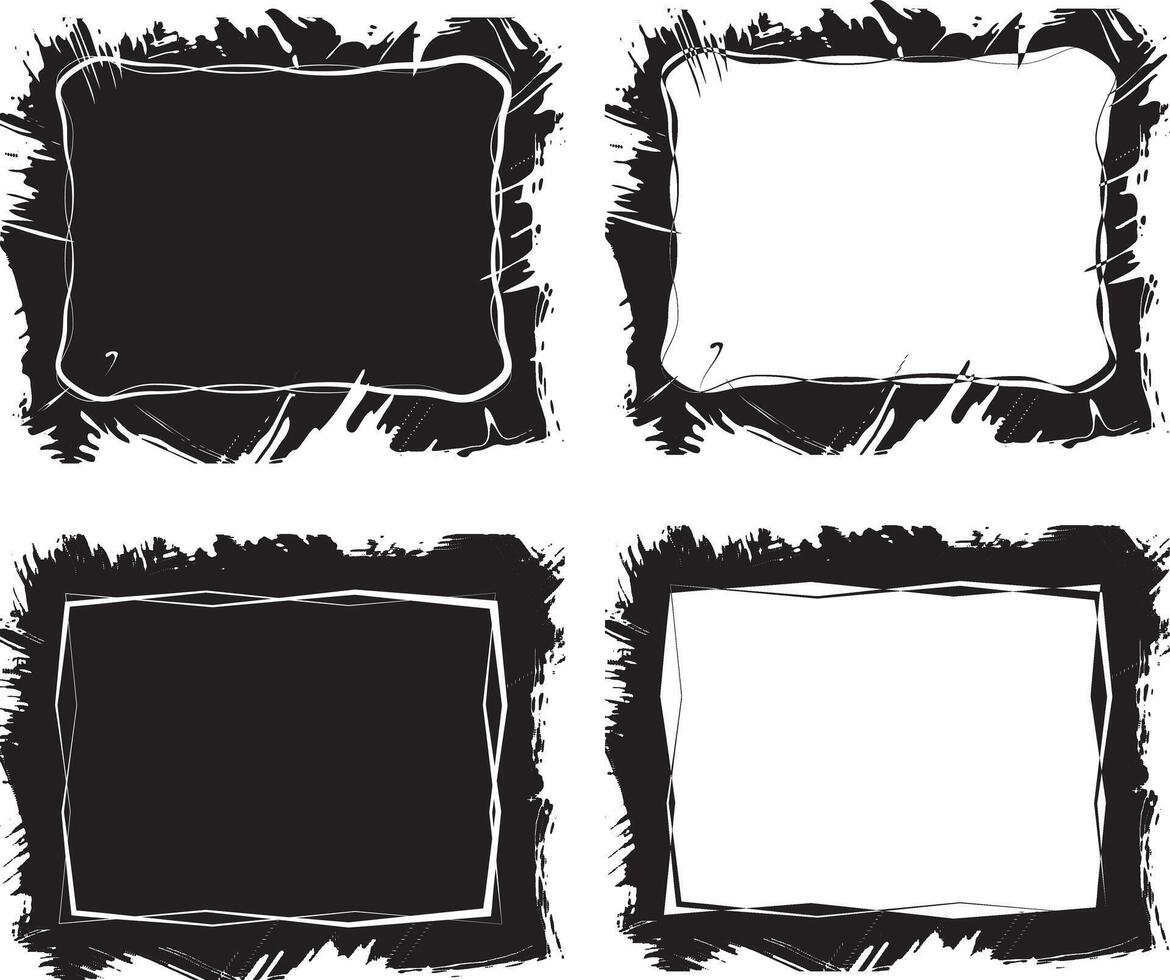 four black and white square frames with grunge texture, black and white color Dynamic and Edgy Grunge Frame Design Collection A Versatile Set of Four High-Contrast, Distressed Borders vector