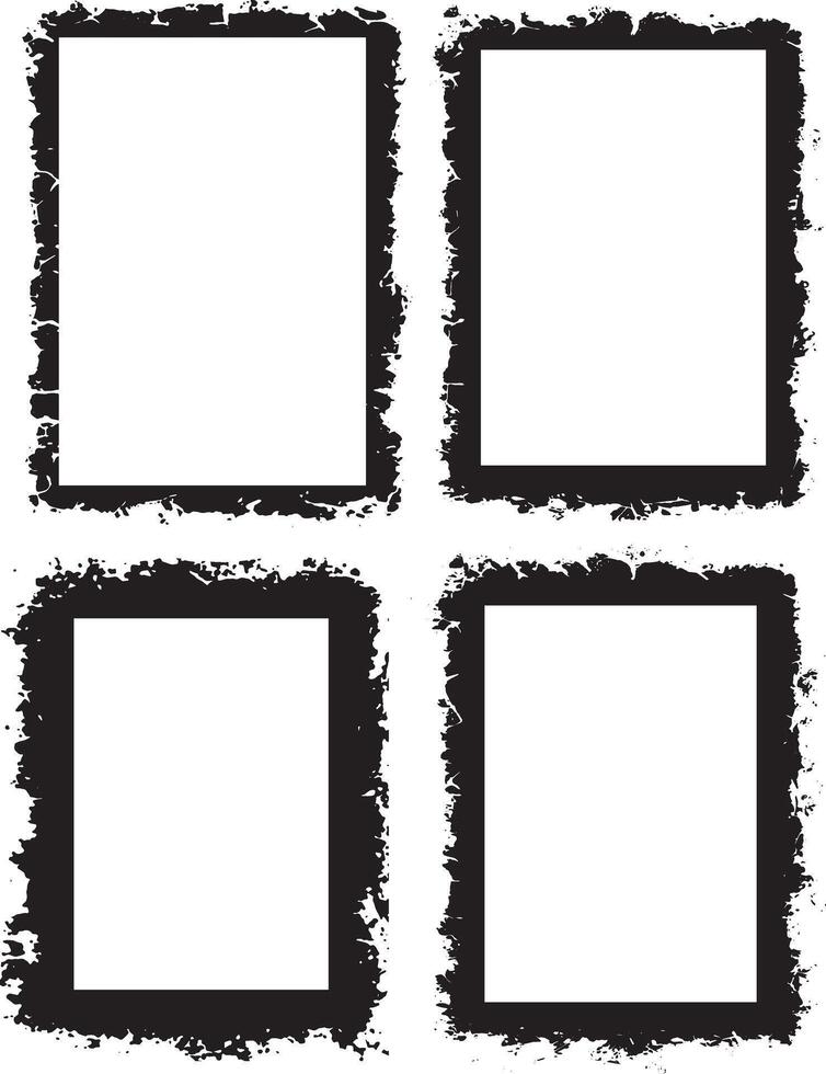 Artistic Collection of Four Distressed Grunge Photo Frames Featuring Rough, Irregular Borders with Jagged Edges and Unique Textured Patterns for Edgy and Creative Visual Displays vector
