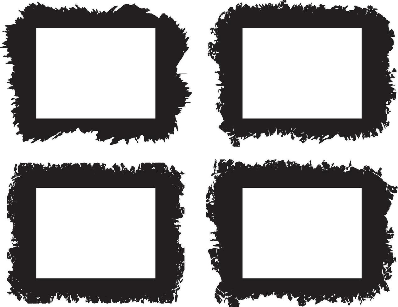 Artistic Collection of Four Distressed Grunge Photo Frames Featuring Rough, Irregular Borders with Jagged Edges and Unique Textured Patterns for Edgy and Creative Visual Displays vector