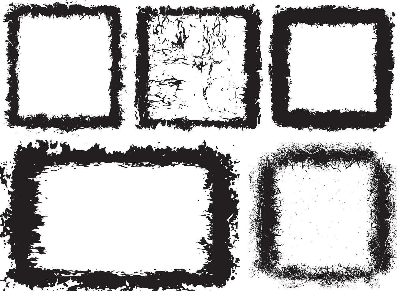 Artistic Collection of Five Distressed Grunge Photo Frames Featuring Unique Textured Borders with Rough, Uneven Edges for Edgy and Vintage Visual Displays vector