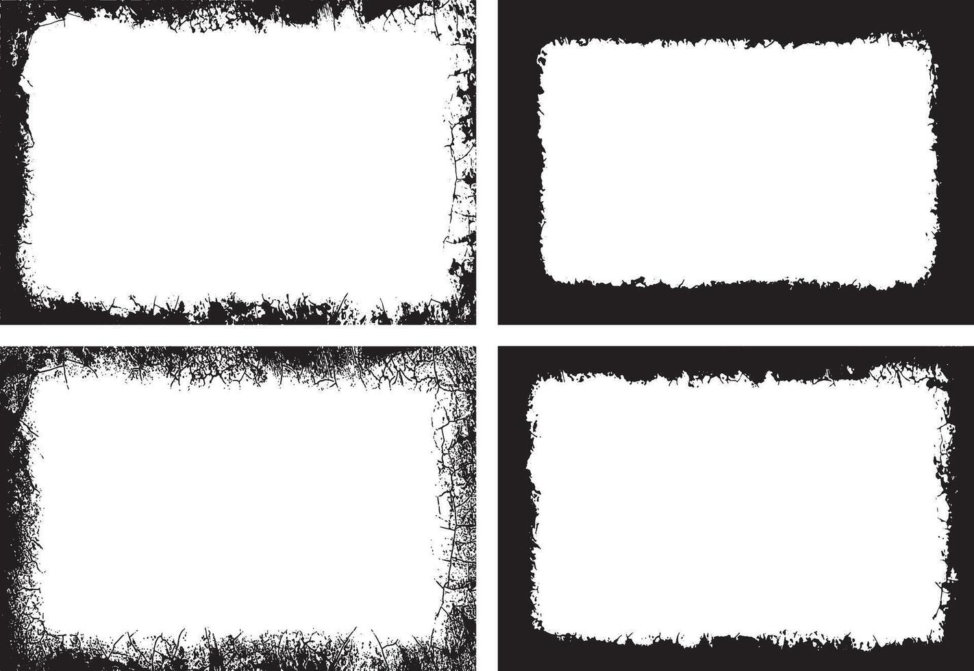 Black And White Distressed Grunge Frames Bundle, Featuring Four Unique Rectangular Frames with Rough, Jagged Black Borders and Textured Patterns for Artistic and Edgy Visual Displays vector
