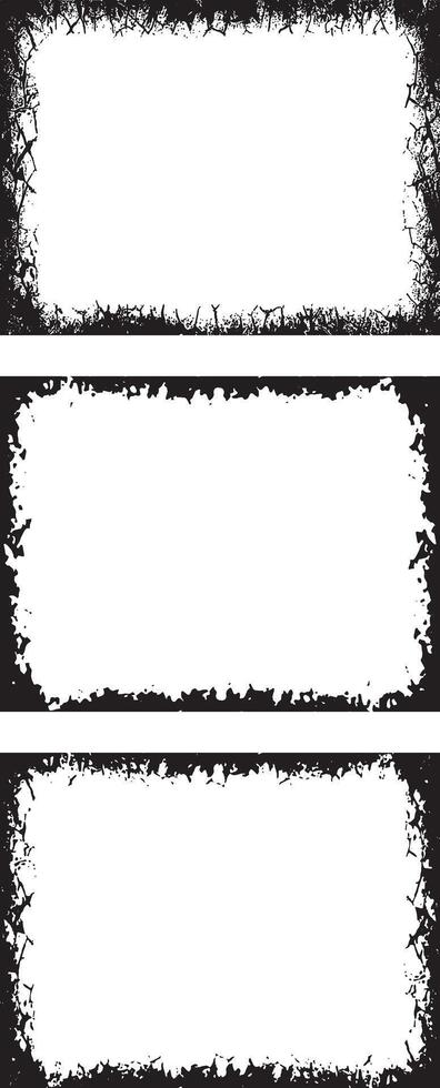 three black and white grunge frames with white paint, Intricately Detailed Grunge Photo Frame set, Distressed Vertical Rectangular Borders with Organic Cracked Patterns for Edgy and Artistic Displays vector