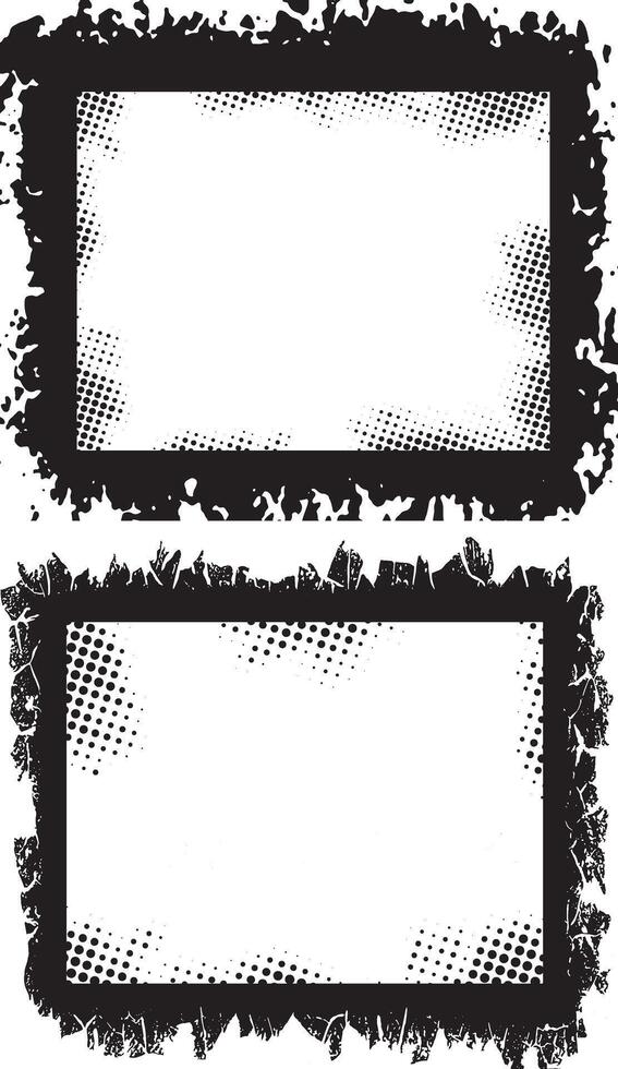 Edgy and Artistic Dual Grunge Photo Frames Featuring Intricate Chain-Like and Wavy Borders with Splattered Black Backgrounds and Dotted Shading for Unique Visual Displaysnt vector