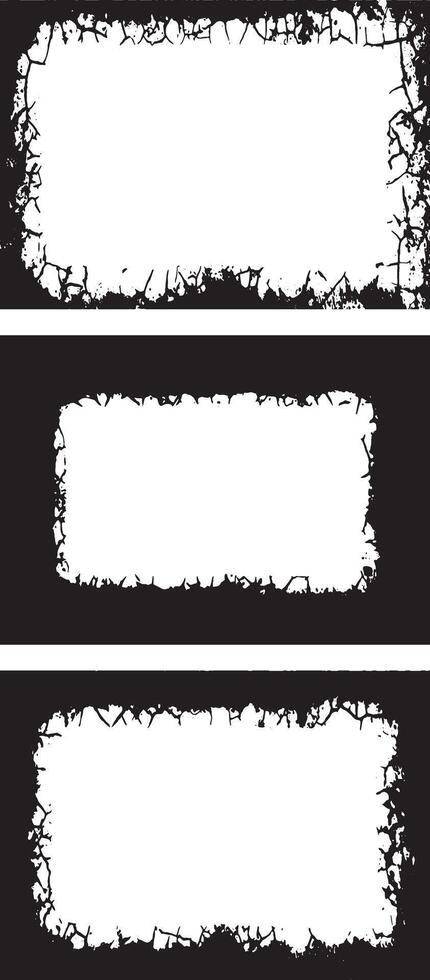 Artistic Collection of three vinatge Distressed Grunge Photo Frames Featuring Rough, Irregular Borders with Worn and Weathered Textures for Edgy and Creative Visual Displays vector