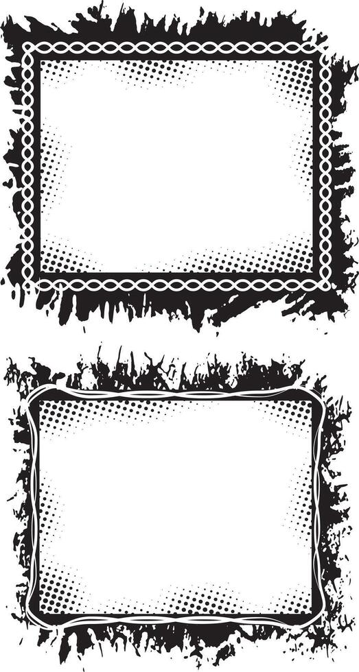 Dynamic Dual Grunge Photo Frames, Checkered Pattern and Chaotic Ink Splatter Borders with Dotted Inner Patterns for Edgy and Artistic Visual Displays vector