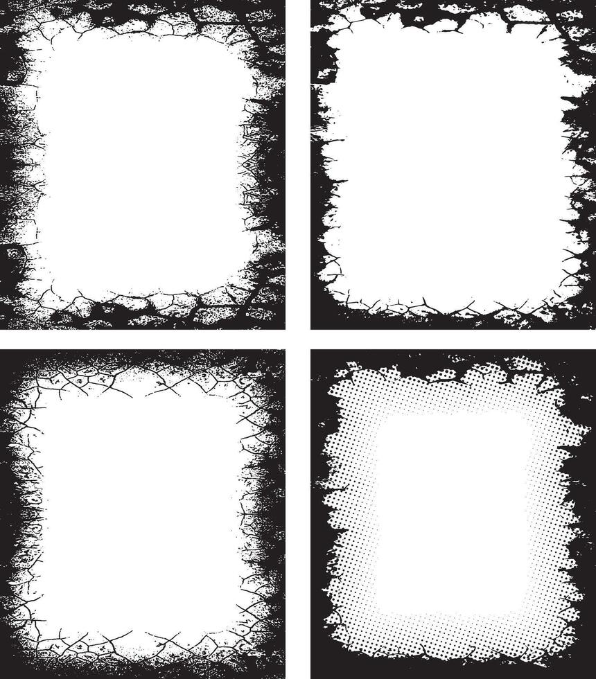 A set of Curated Rustic Elegance grunge photo frame border with halftone dot texture, Four Distinct Grunge Photo Frames with Unique Textures and Patterns for Artistic vector