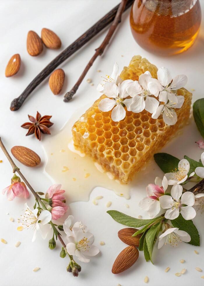Honeycomb with Spring Blossoms, Almonds, and Vanilla Beans photo