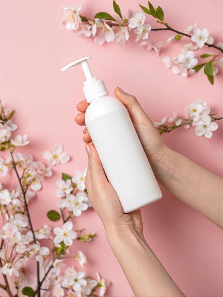 White Pump Bottle of Lotion Held by Hands Surrounded by Spring Blossoms photo