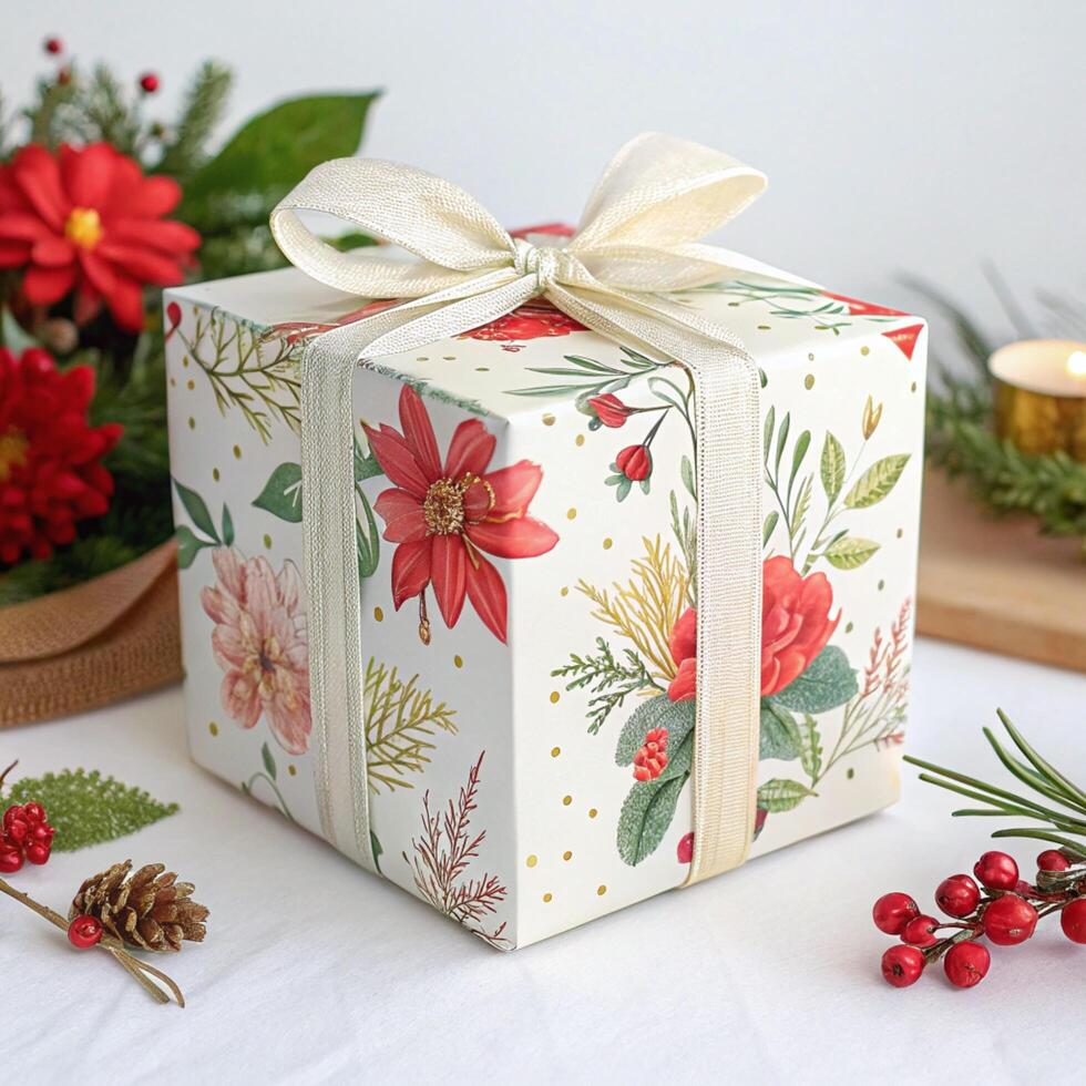 Square Christmas Gift Box with Floral Design and Beige Ribbon photo
