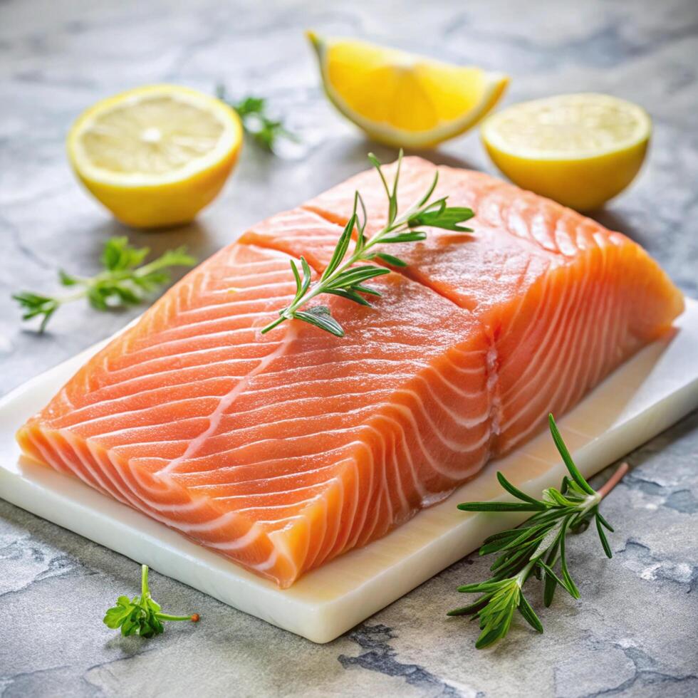 Fresh Raw Salmon Fillet with Rosemary and Lemon Slices photo