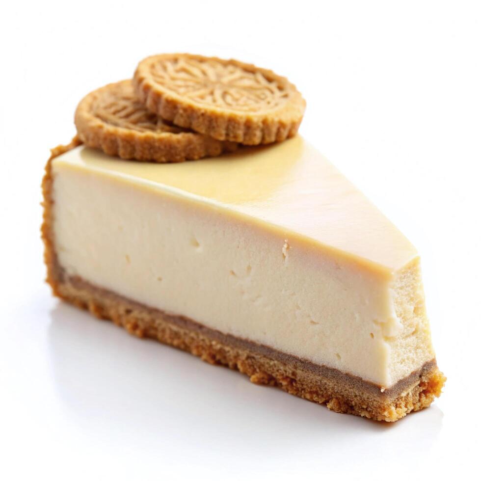 Creamy New York-style cheesecake slice topped with two buttery cookies. photo