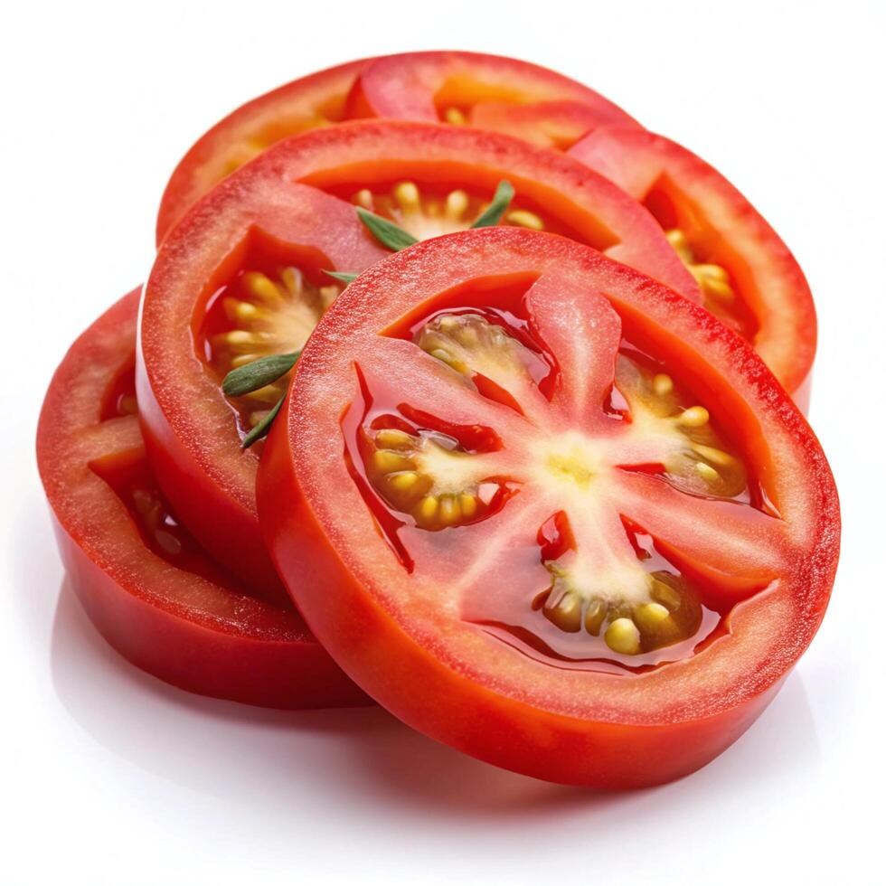 Juicy Slices of Red Tomato, Stacked and Glistening, Isolated on White photo