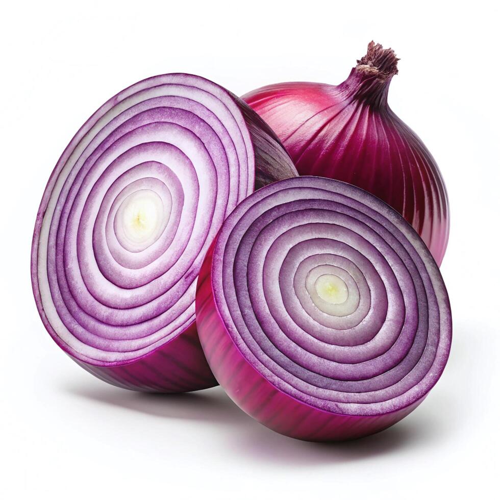 Two halves and one whole red onion displayed against a white background. photo