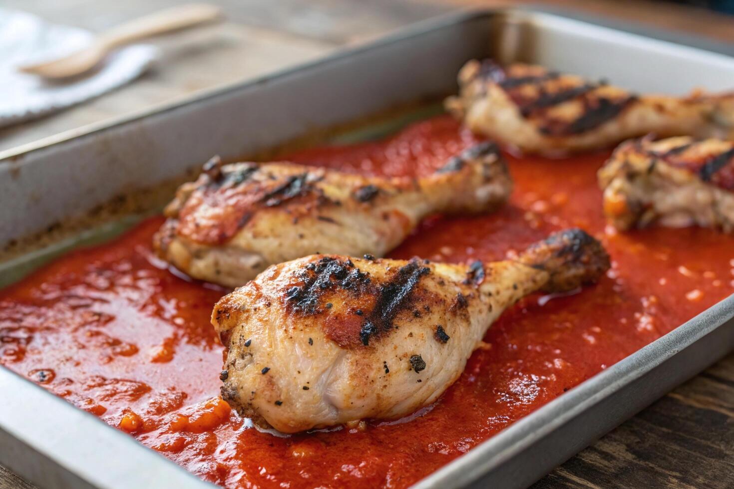 Grilled chicken drumsticks simmering in a rich tomato sauce, ready to be served. photo