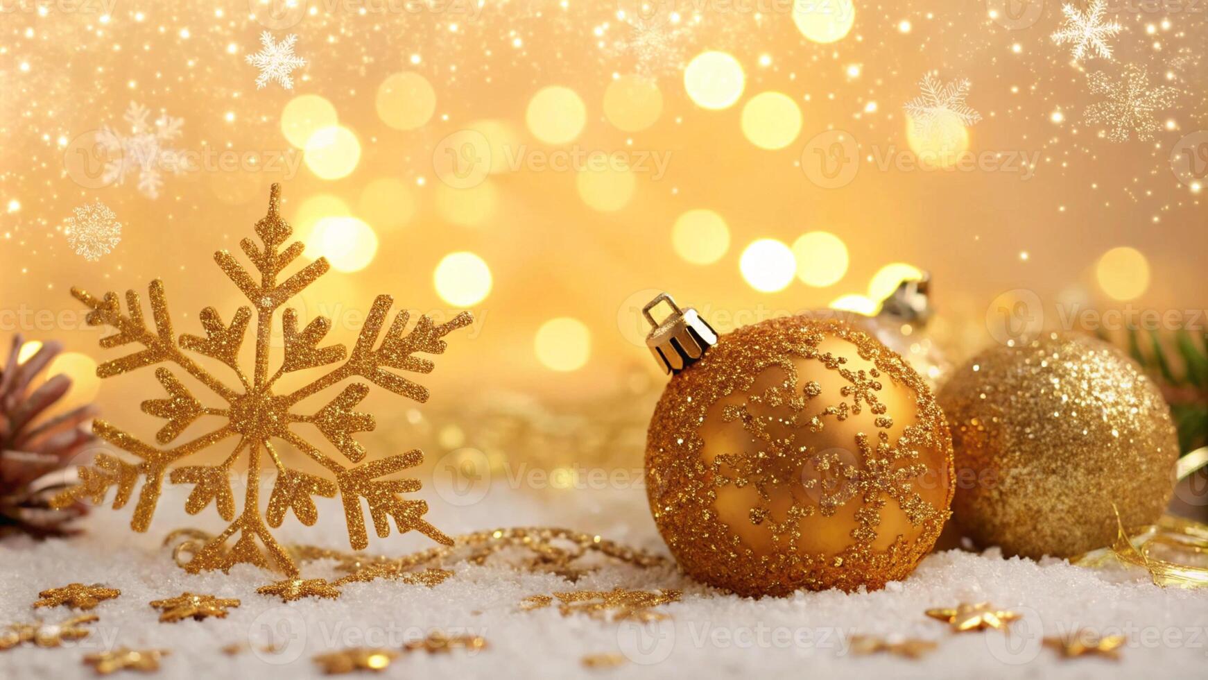 Dreamy Christmas scene with golden snowflakes, ornaments and glittering bokeh lights illustration for Merry Christmas, Winter Holiday, and New Year. photo