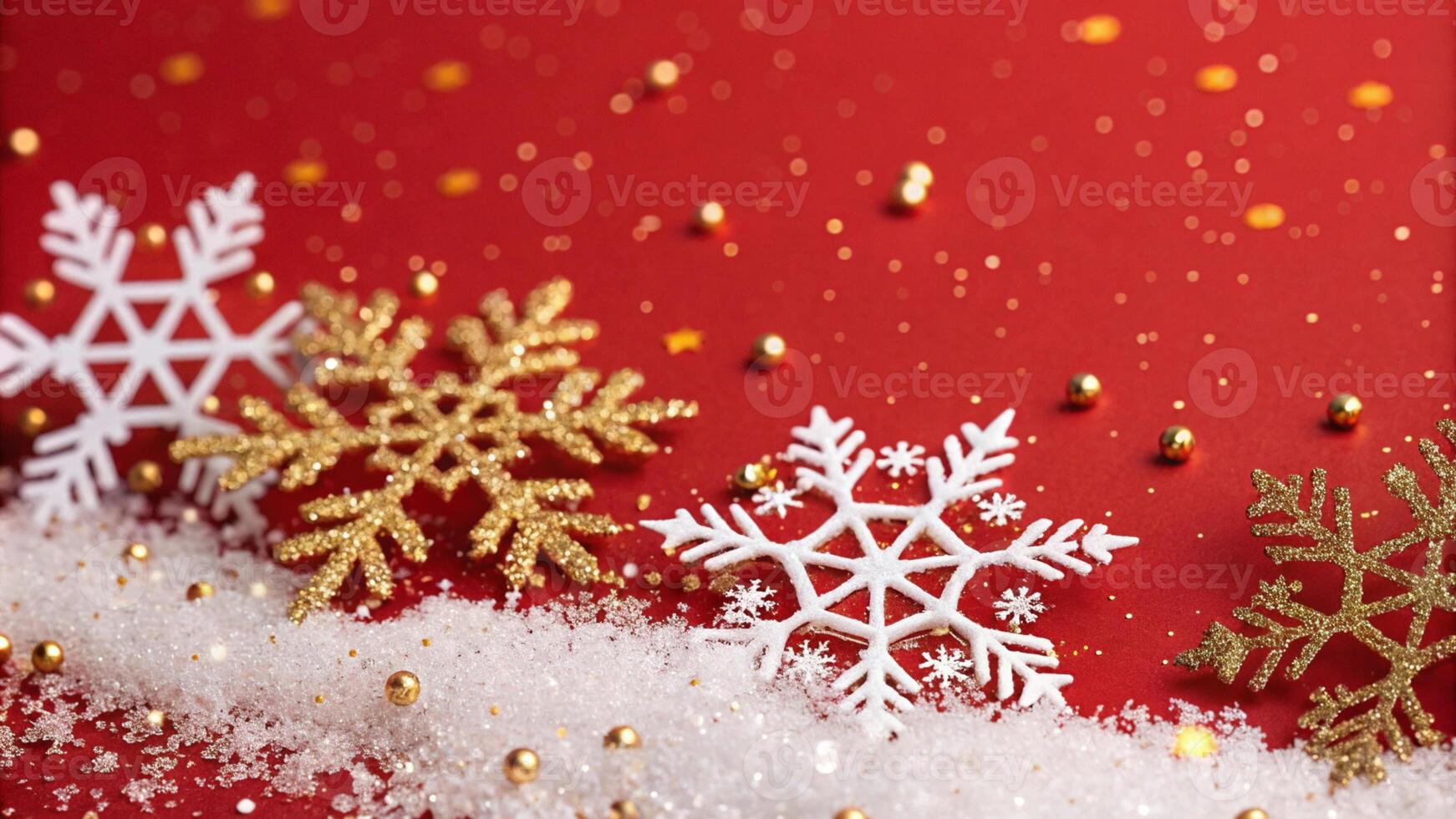 Red and Gold Background with snow and snowflake illustration for Merry Christmas, Winter Holiday, and New Year. photo