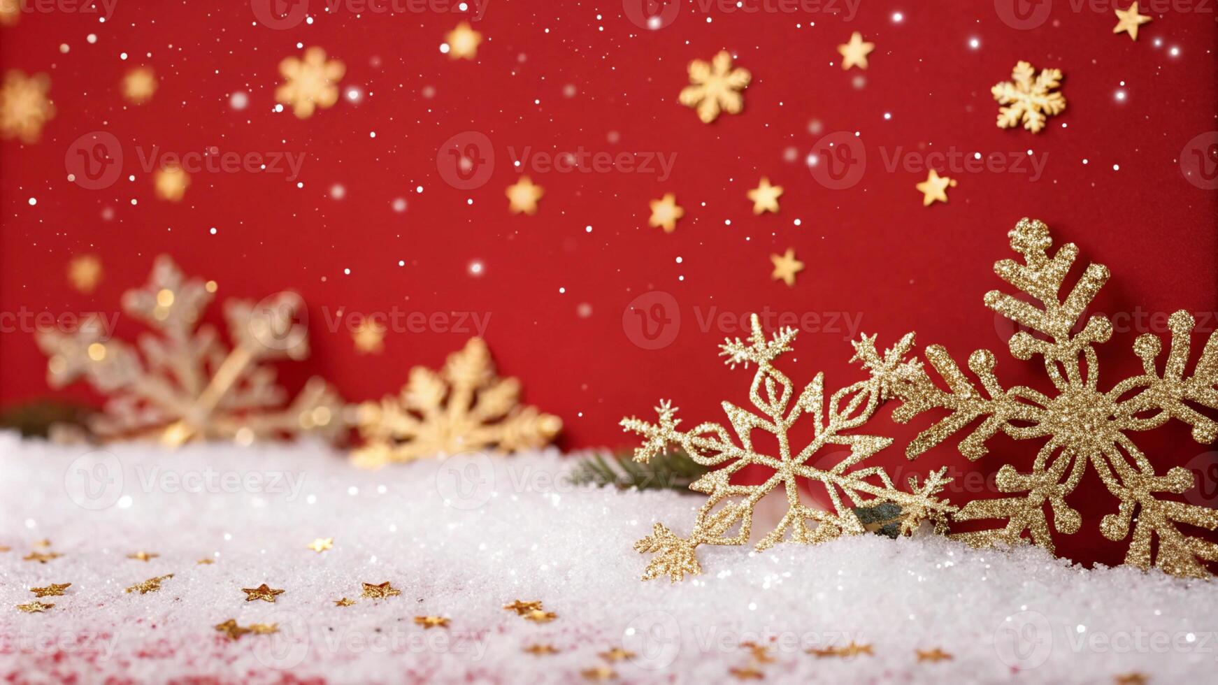 Red Christmas background featuring delicate snowflakes and sparkling gold sequins, perfect for festive designs. Illustration for Merry Christmas, Winter Holiday, and New Year. photo