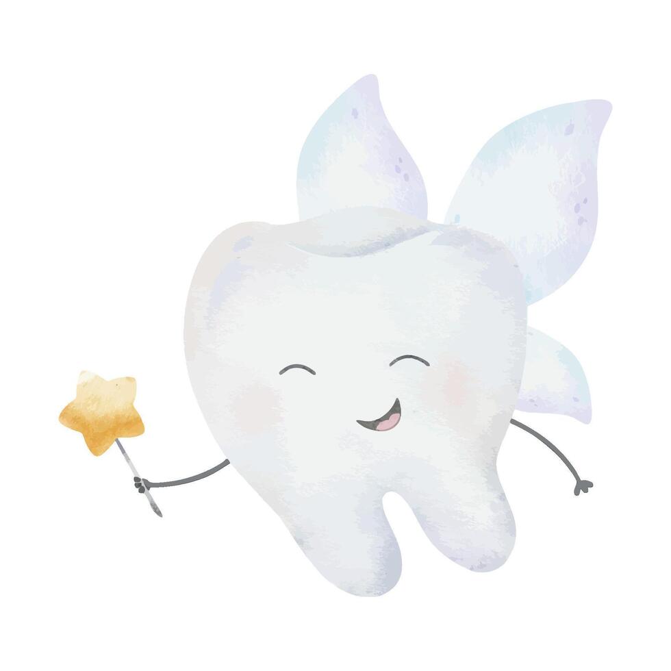 Baby Tooth fairy with wings and magic wand. Smiling Kawaii Character Baby first tooth. Isolated hand drawn watercolor kids illustration for pediatric dentistry, National Tooth Fairy Day, posters, card vector