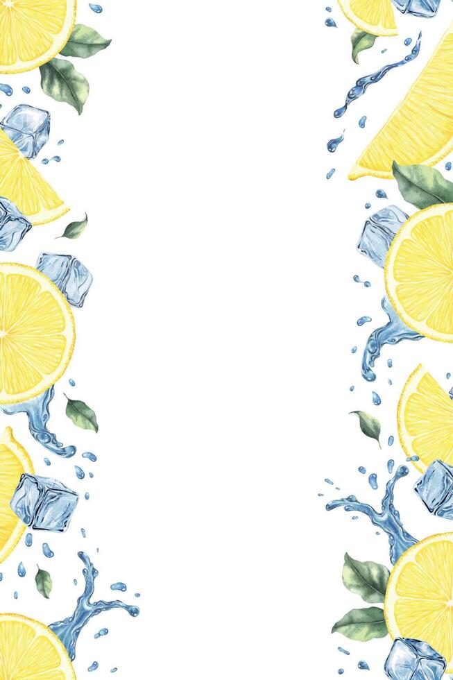 Lemon fruits, slices, ice cubes, splashes and leaves. Dynamic liquid water with citrus fruits. Isolated hand drawn watercolor frame. Template for menu, package, cosmetic, textile, cards vector