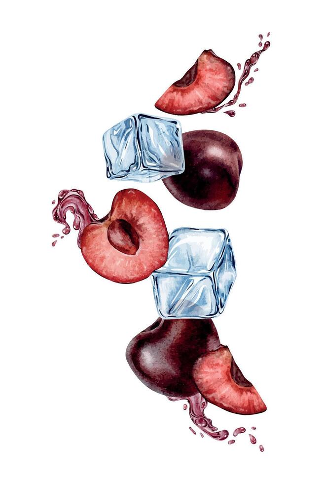 Whole and Slice Cherry berries, Ice cubes, dynamic liquid red juice. Isolated Hand drawn watercolor illustration. Summer composition for packaging of goods, menu, posters, cards vector