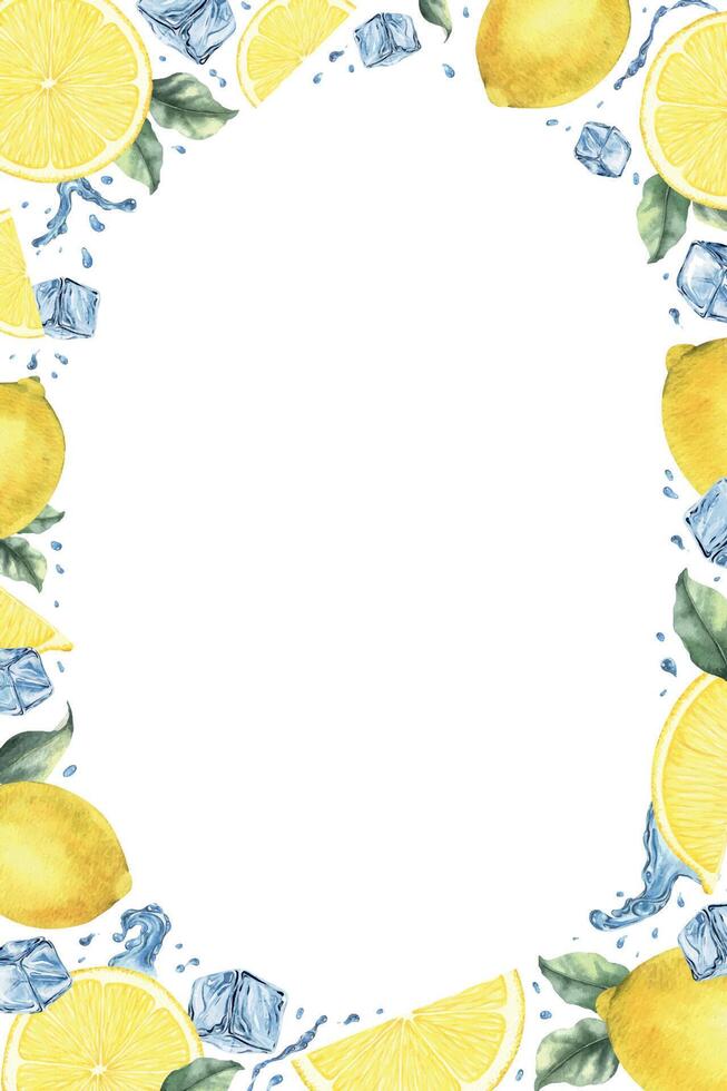 Lemon fruits, slices, ice cubes, splashes and leaves. Dynamic liquid water with citrus fruits. Isolated hand drawn watercolor frame. Template for menu, package, cosmetic, textile, cards vector