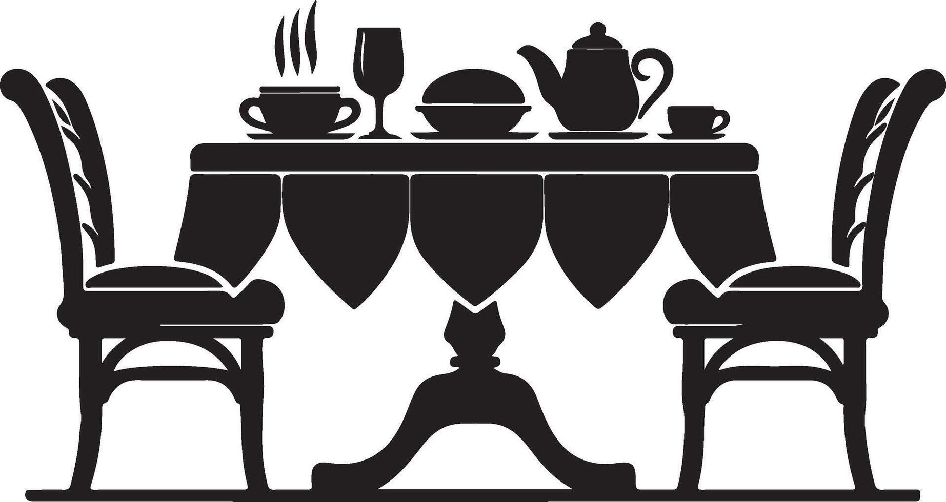 a black and white illustration of a table and chairs vector