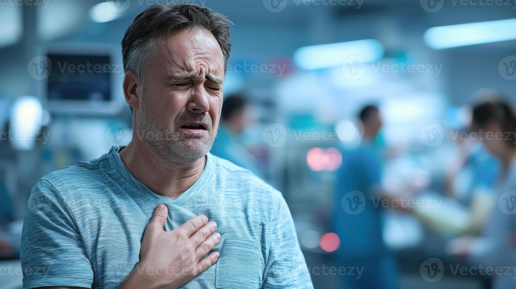 Heart attack concept. Man with Chest Pain in Emergency Room photo