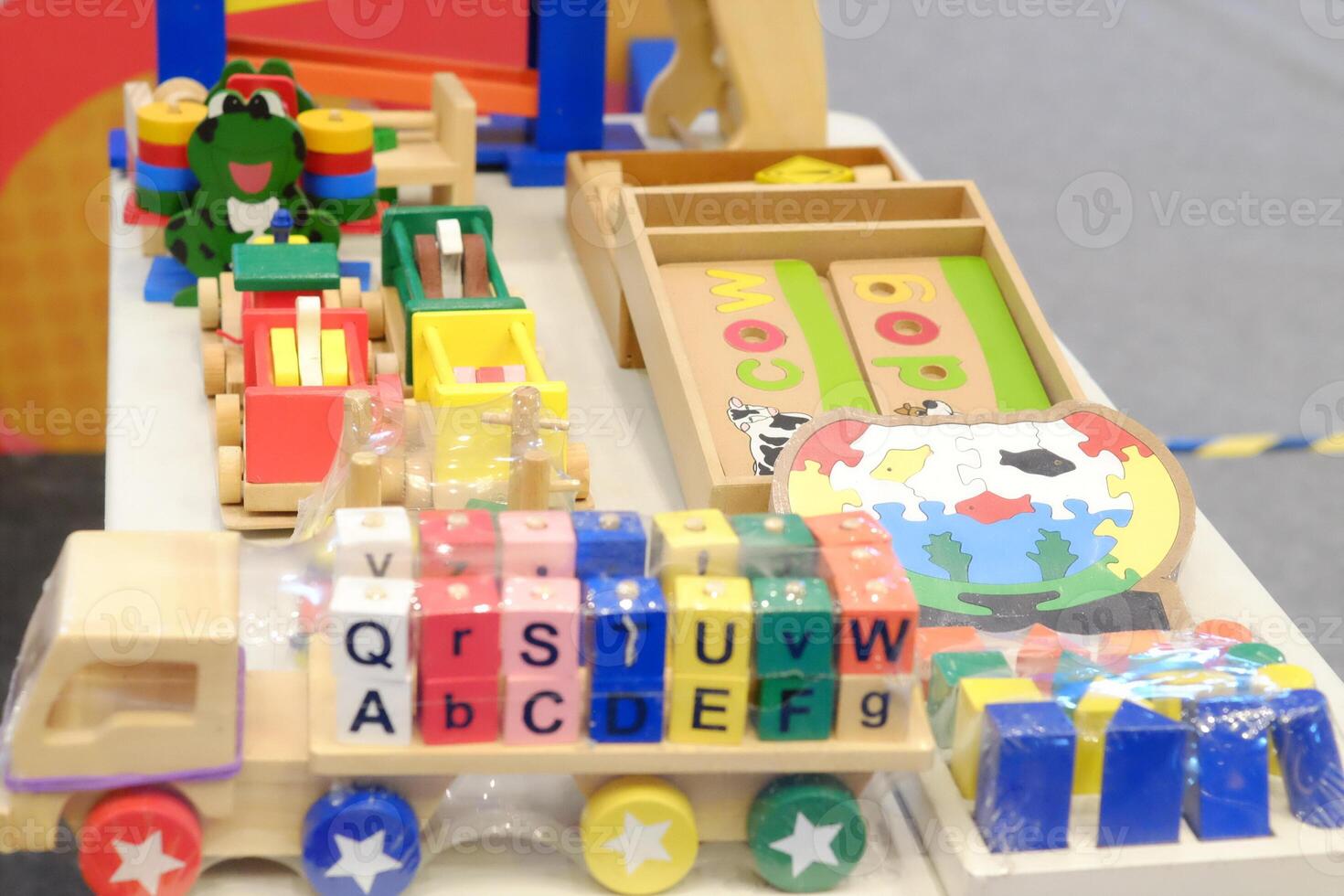 A vibrant array of wooden toys designed to enhance children's learning through play, promoting creativity and cognitive development. photo