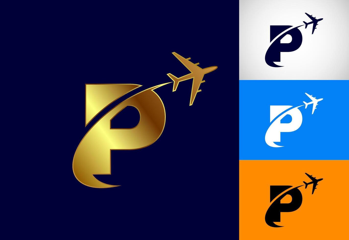 Alphabet P with airplane. Travel icon. Aviation logo sign, Flying symbol. Flight icon in multiple color variation vector