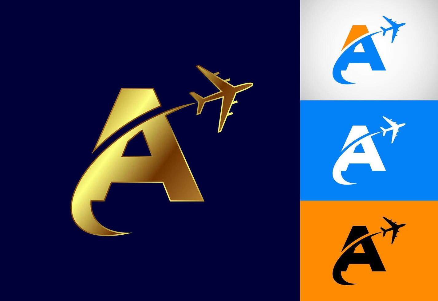 Alphabet A with airplane. Travel icon. Aviation logo sign, Flying symbol. Flight icon in multiple color variation vector