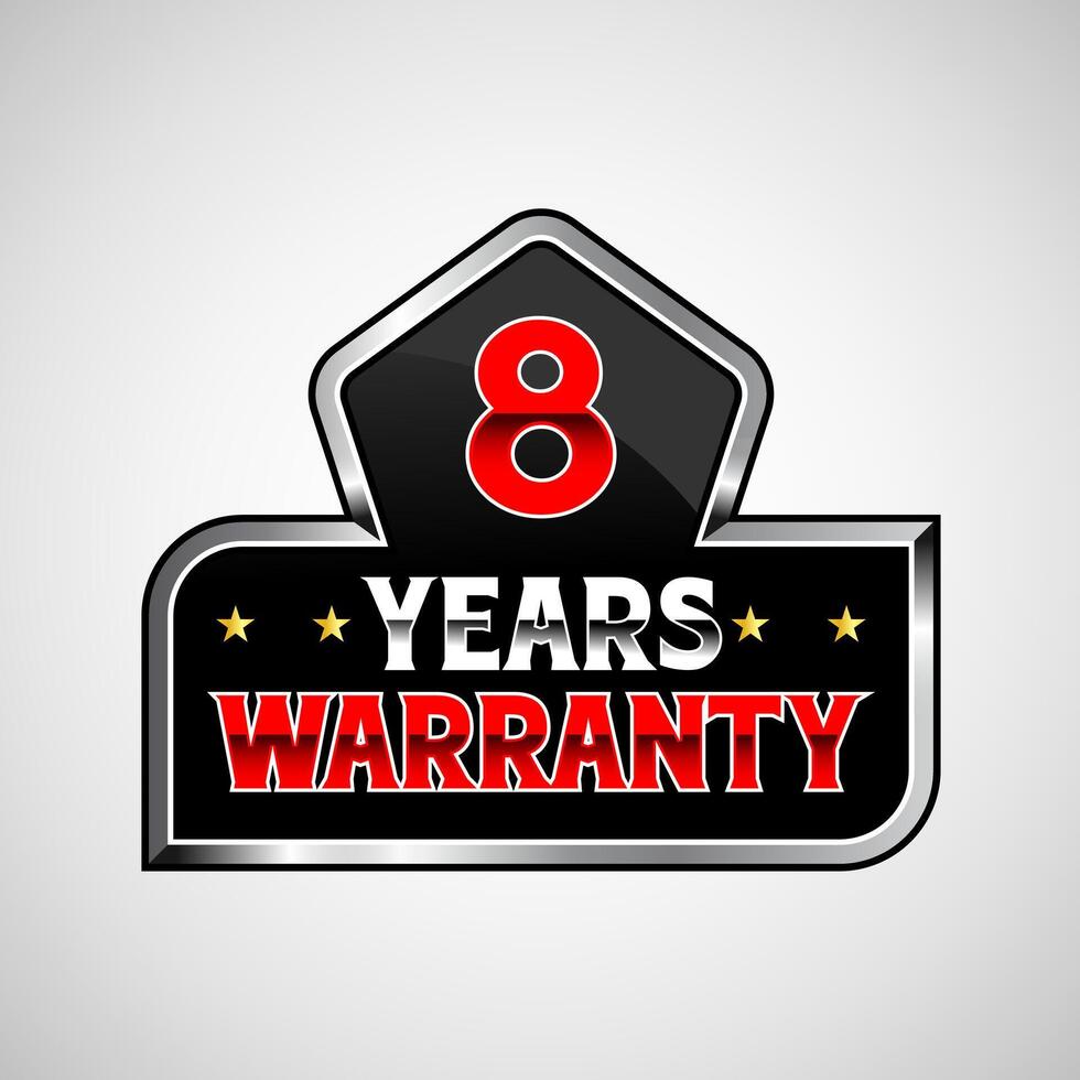 Advertising 8 Years warranty label, badge, icon, logo, with red and silver color vector