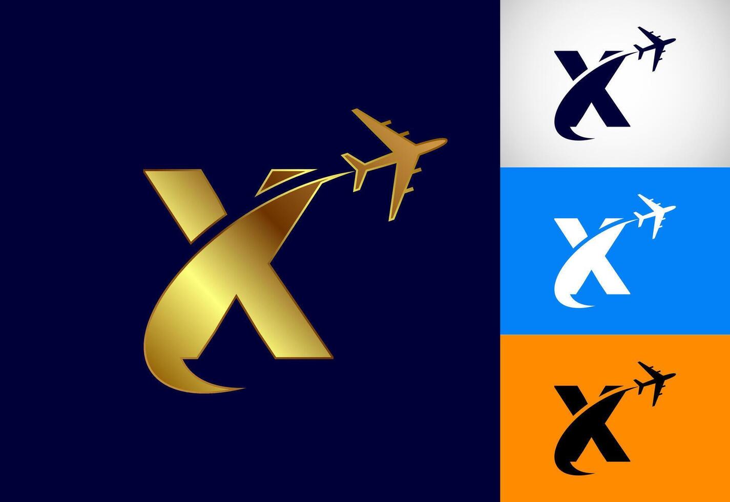 Alphabet X with airplane. Travel icon. Aviation logo sign, Flying symbol. Flight icon in multiple color variation vector