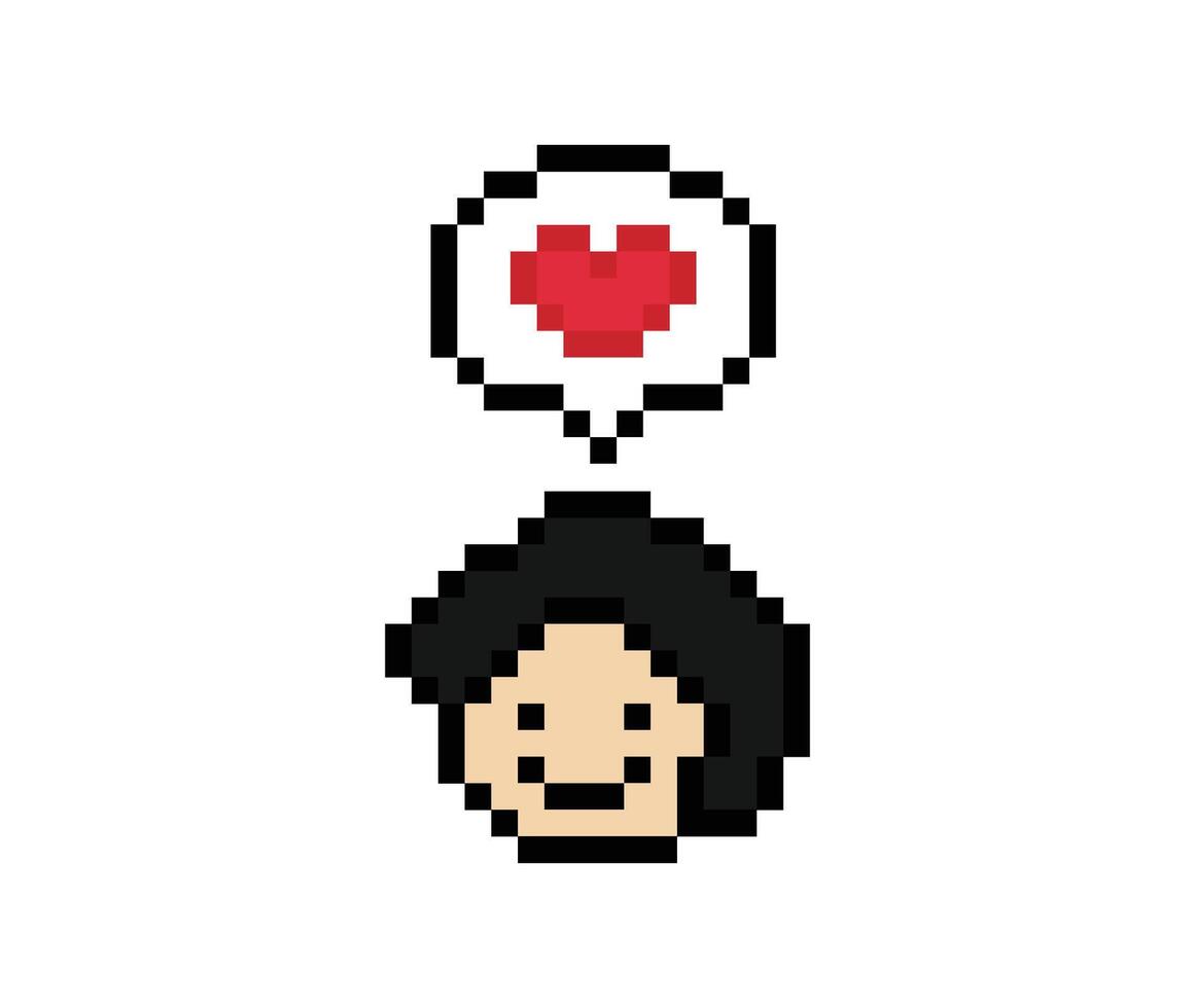 Cartoon cute 8 bit face of boy man male happy with love heart like happy pixel. vector