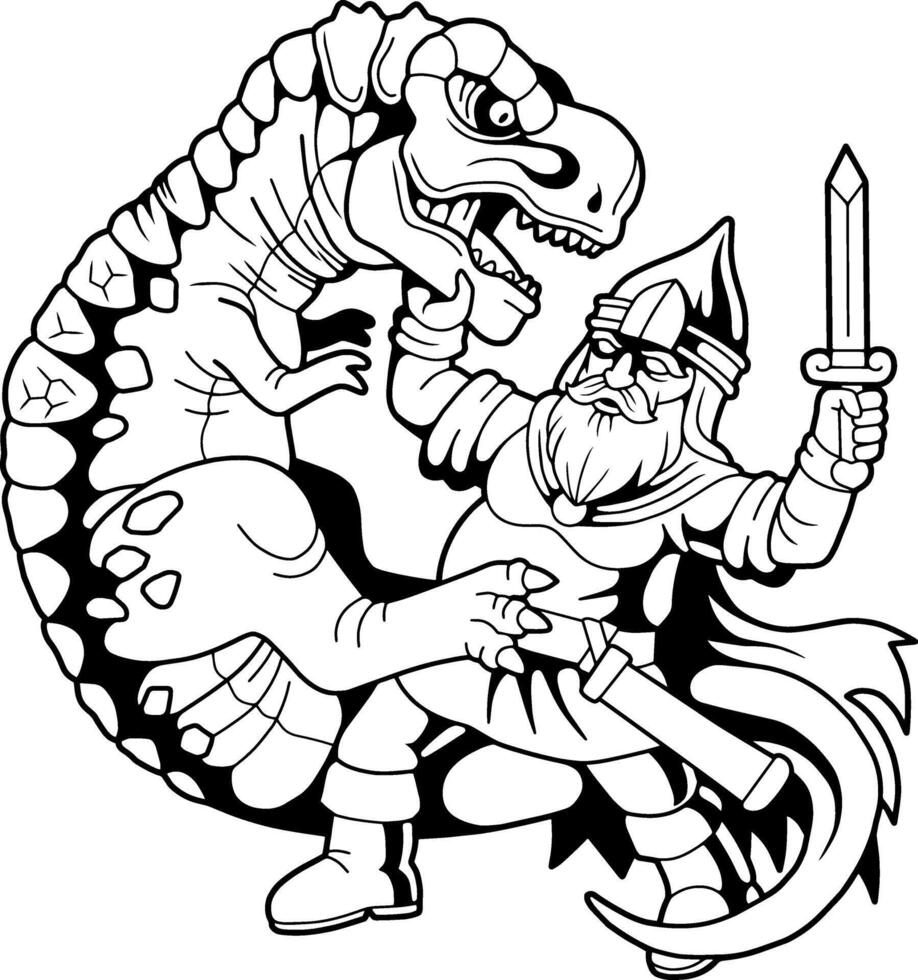 brave medieval warrior fighting dragon coloring page vector