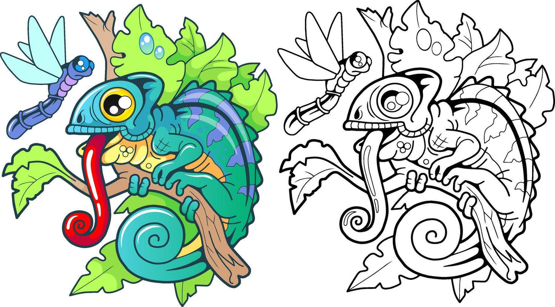 Funny chameleon and dragonfly, coloring book vector