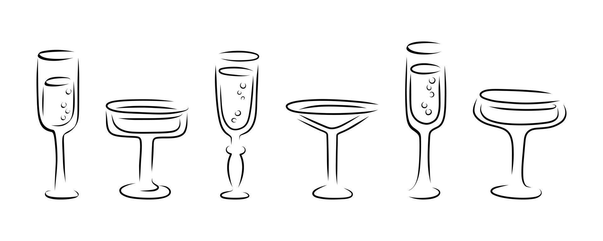 Set of glasses of different shapes outline silhouette. vector