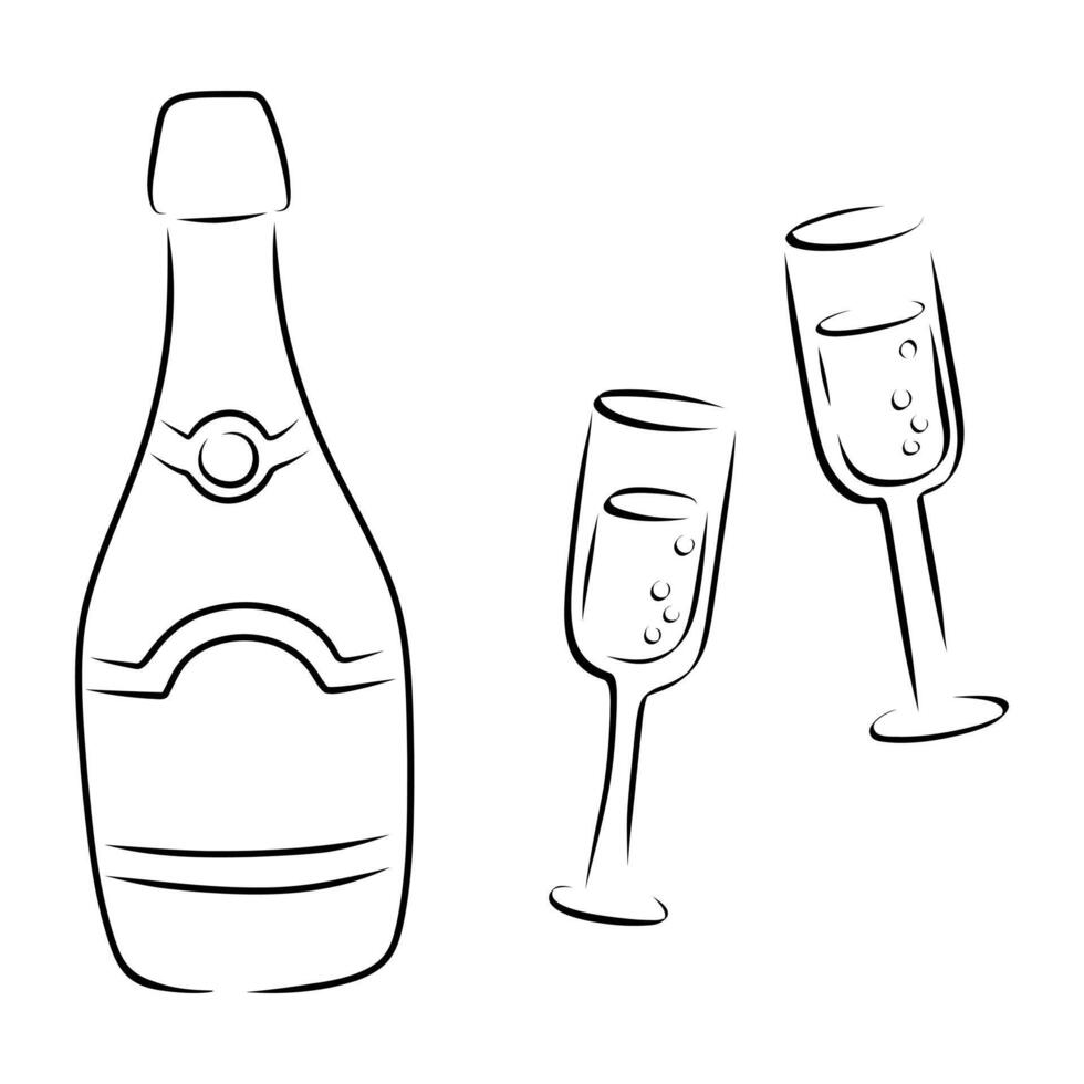 Set of champagne bottle and pair glass outline silhouette vector