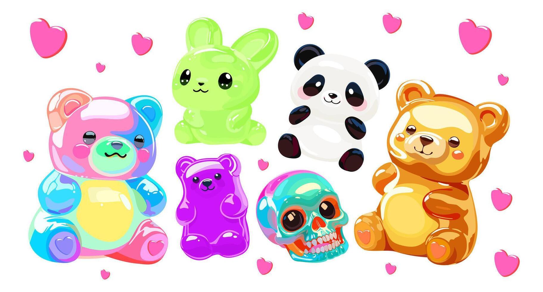 Colorful glossy jelly candies. set isolated on white background. Cute bright bears, panda, rabbit and skull vector