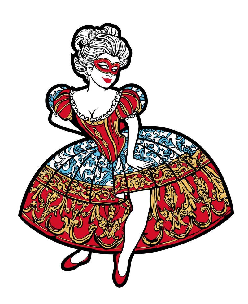 Columbine. Female character of italian commedia dell arte. Woman in carnival costume and mask. isolated illustration vector