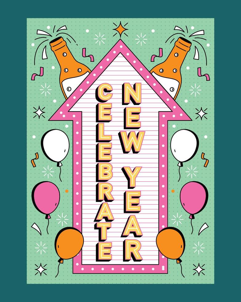 Retro Memphis style New Year party poster featuring celebratory typography, balloons, sparkling details, and champagne bottles. Ideal for invitations, greeting cards, and festive decorations. vector