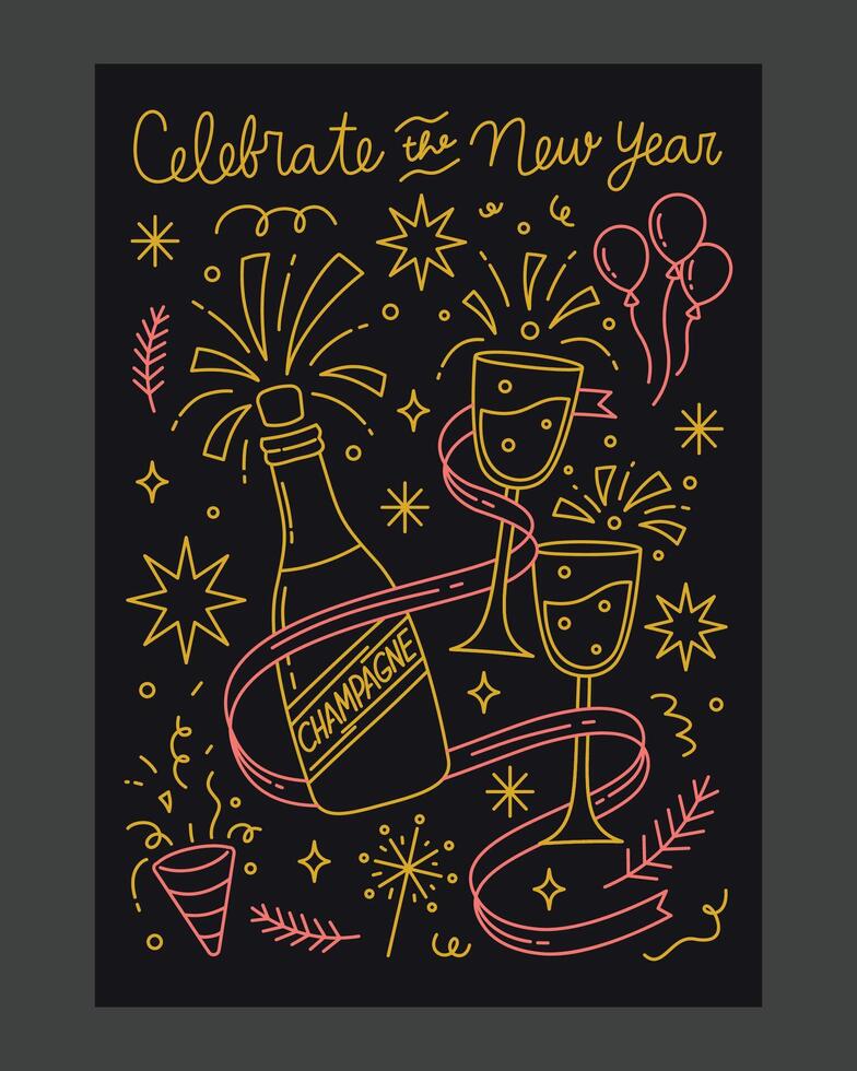 Festive New Year party poster featuring champagne, glasses, fireworks, and neon-style line art, perfect for celebration cards and decorations. vector