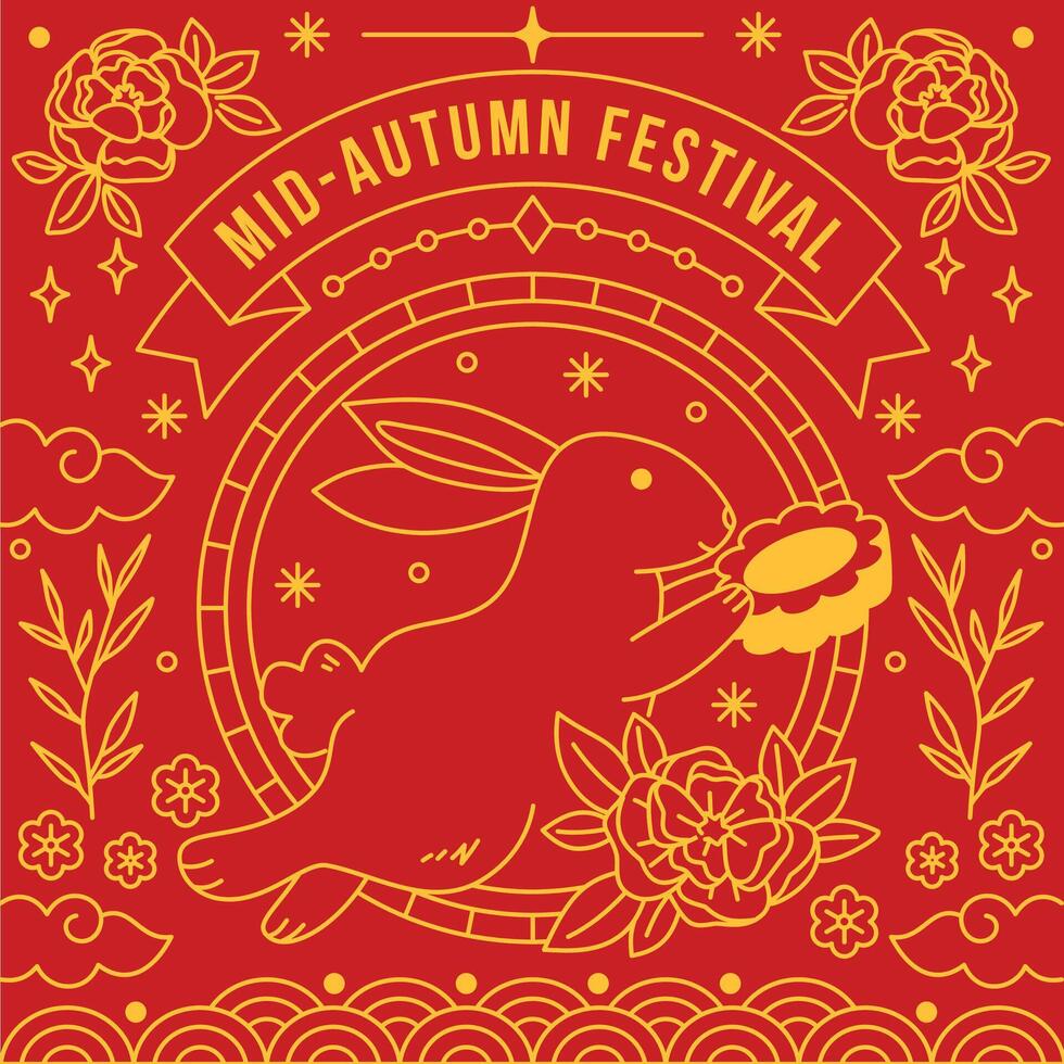 Mid-Autumn Festival greeting card design featuring a rabbit holding a mooncake, surrounded by traditional Chinese patterns, floral motifs, and a vibrant red and gold palette. vector