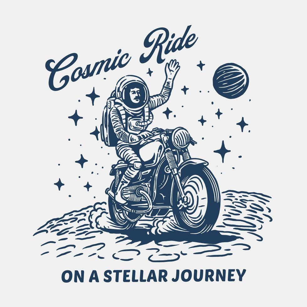 Retro-style logo featuring an astronaut riding a vintage motorcycle on a stellar journey vector