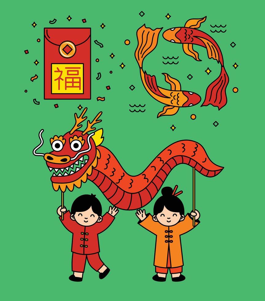 A collection of playful Chinese New Year icons featuring lion dances, lucky cats, koi fish, red envelopes, and traditional elements, ideal for festive designs and decorations. vector