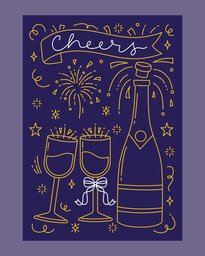 Elegant New Year celebration poster featuring champagne glasses, a bottle, fireworks, and festive elements in a bold line art style perfect for party invitations and seasonal greetings. vector