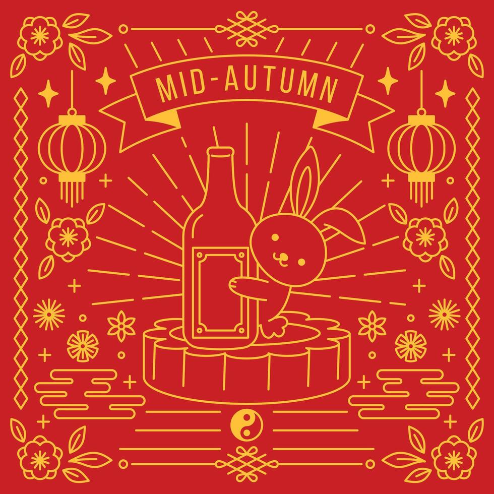 Mid-Autumn Festival poster featuring a cheerful rabbit holding a bottle, surrounded by traditional Chinese lanterns, floral motifs, and a red and gold decorative design vector
