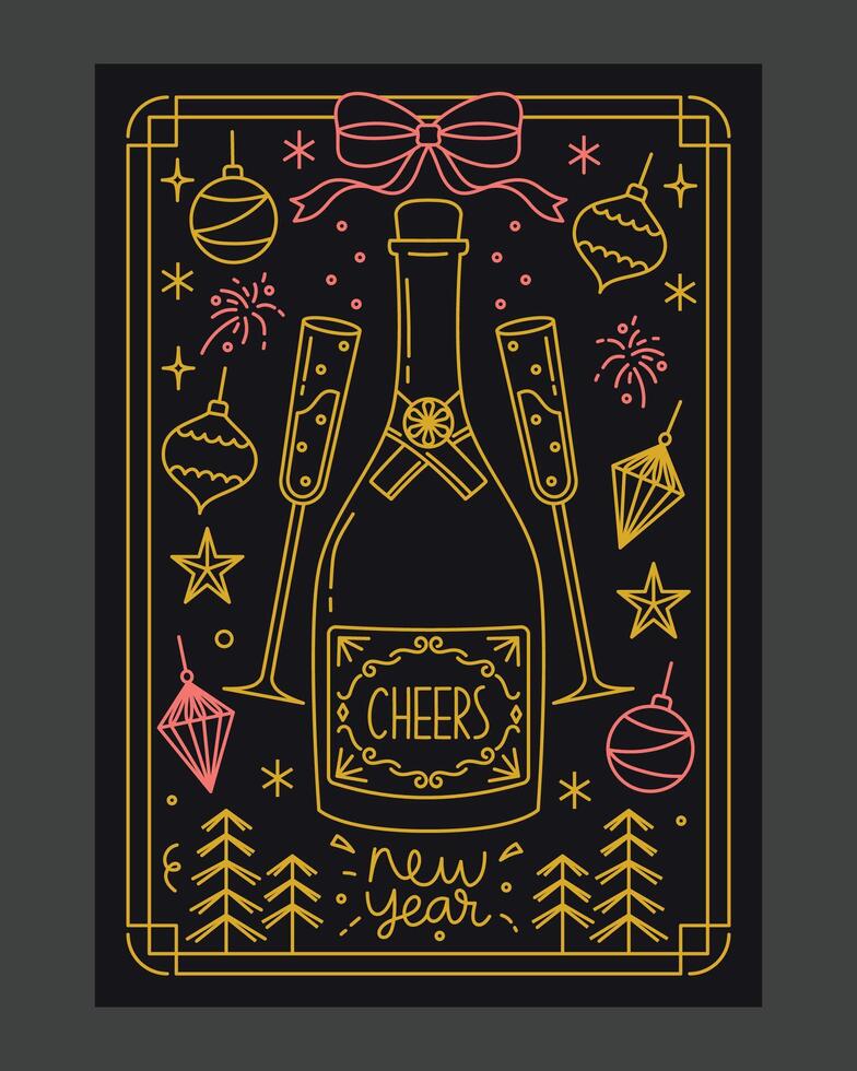 Stylish New Year poster featuring champagne bottle, glasses, festive decorations, and neon-style line art for celebrations and greeting cards. vector