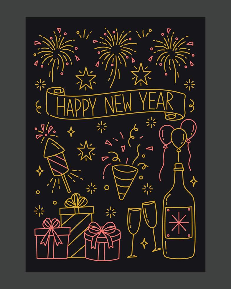 Vibrant New Year poster featuring fireworks, champagne bottle, gift boxes, balloons, and festive elements in a modern line art style for celebrations and holiday greetings. vector