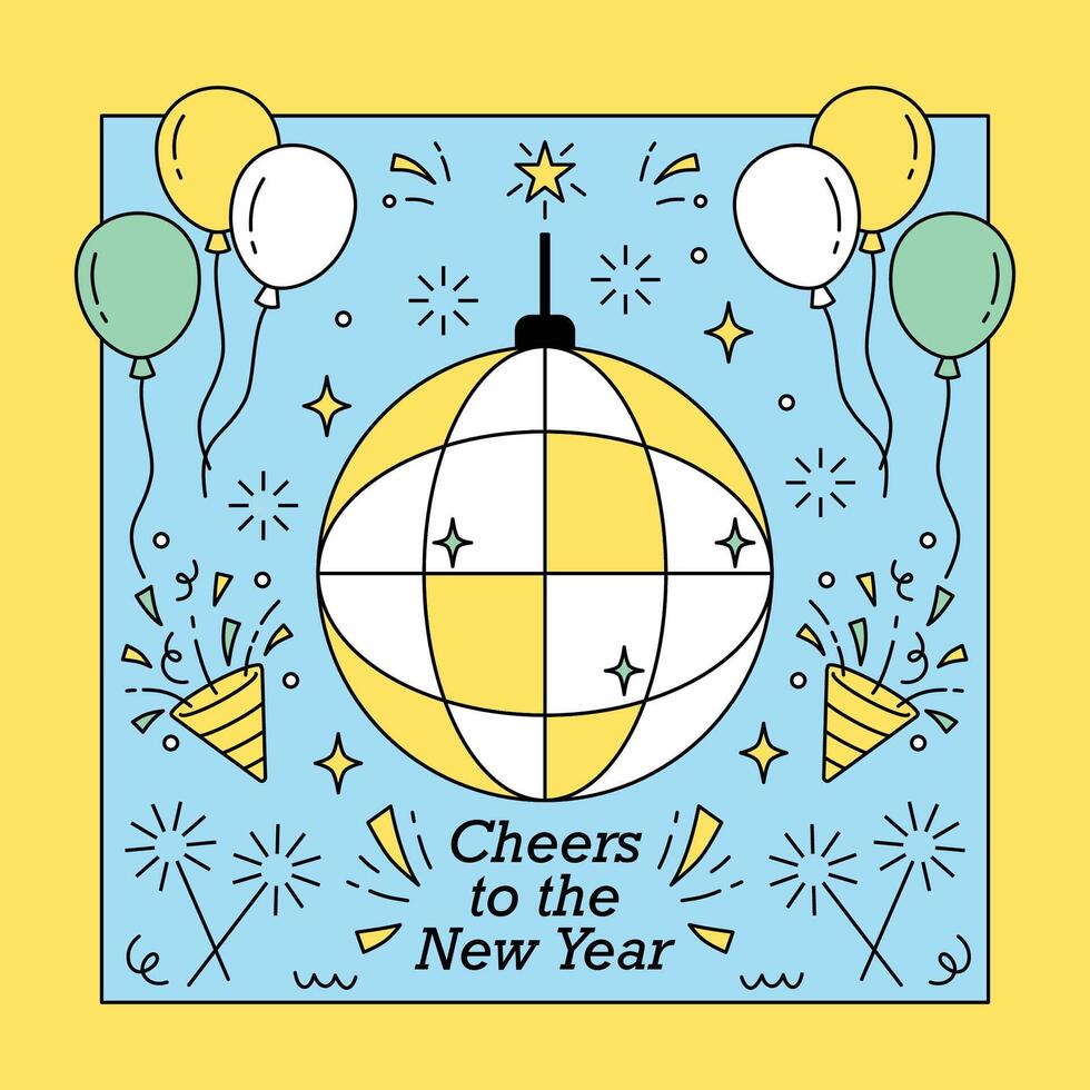 Cheers to the New Year Poster with Disco Ball, Balloons, and Party Confetti in Blue and Yellow Theme vector
