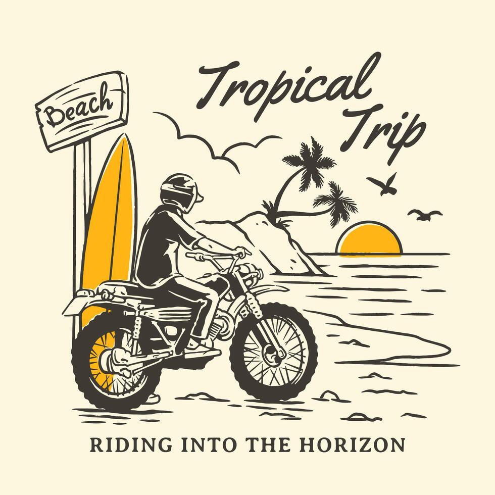 Vintage-themed logo and poster design featuring a motorcyclist riding along the beach with a surfboard, tropical palm trees, a setting sun, and a retro aesthetic, ideal for motorcycle and surfing club vector
